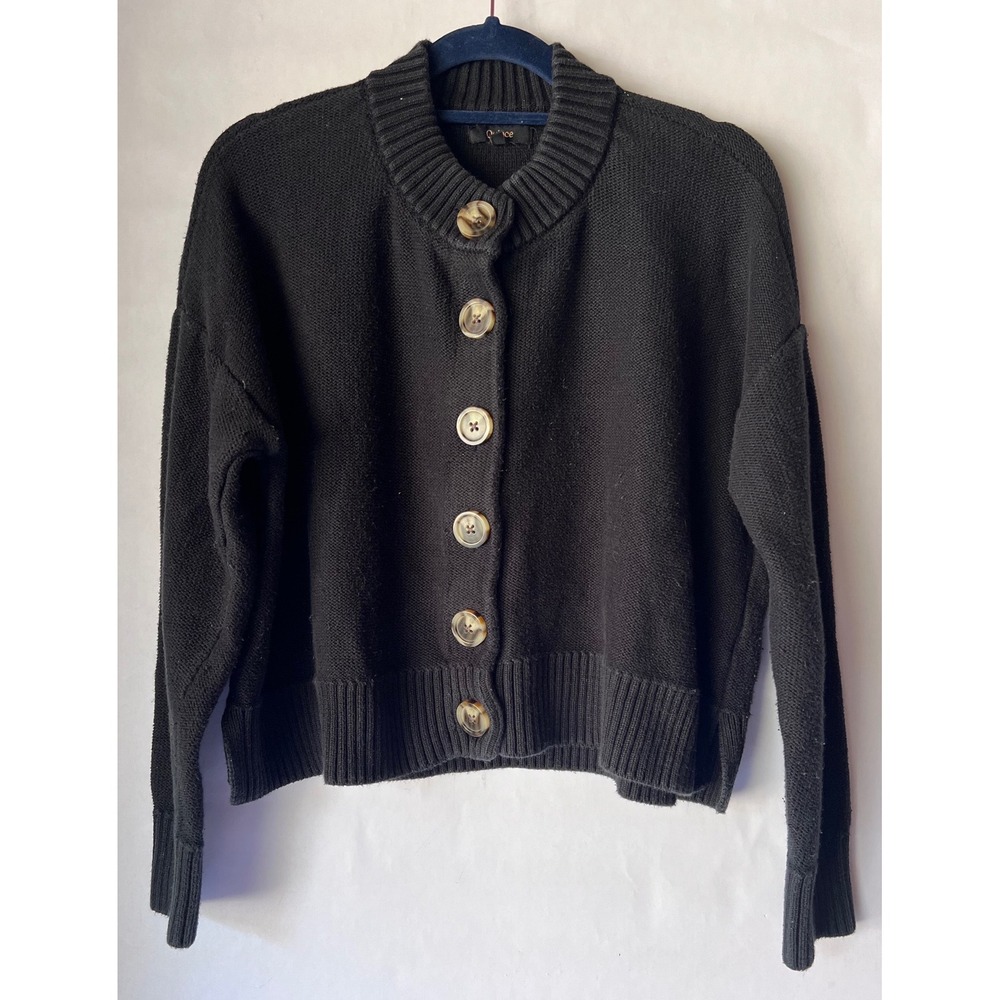 Quince Organic Cotton Mock Neck Cardigan Black XS Drop Shoulder Button Front